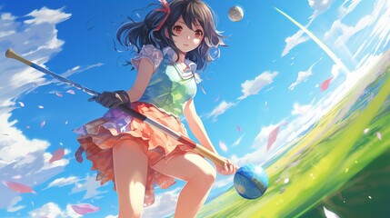 Vibrant anime girl golfer swinging club, hitting ball with energetic flair