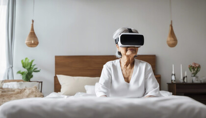 Elderly lady with vr headset at home with copy space