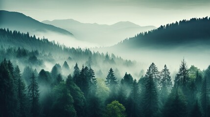 Misty Green Mountain Forest Landscape: Enchanting Foggy Woods Scenery