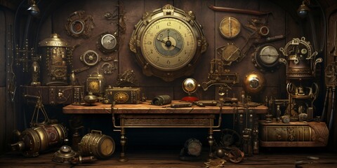 a magical collection full of unusual objects and crazy steampunk items - obrazy, fototapety, plakaty
