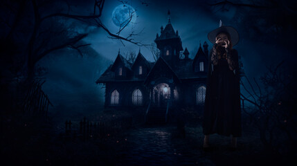 Fototapeta na wymiar Scary halloween witch standing over creepy haunted house in mystery forest