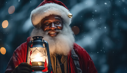 Happy afro american Santa Claus holding a lantern on the background of snowfall at night