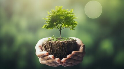 Earth day banner: hands holding earth globe, growing tree - arbor day, environment, clean planet, ecology concept