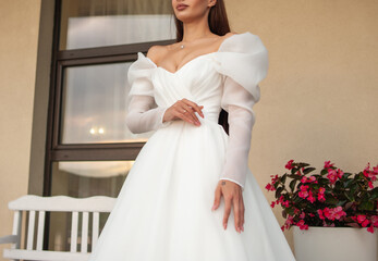 Elements of modern wedding dress on bride