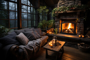  Rustic cabin with wooden walls and a fireplace 
