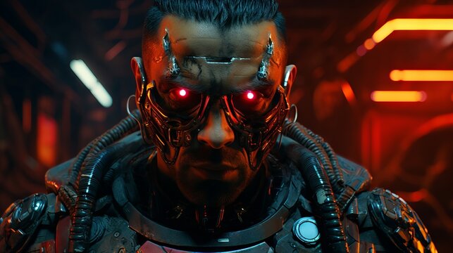 Gilded Iron Jaws and Neon-Glowing Eyes: Full Body Cybernetic Parts in Futuristic Portrait