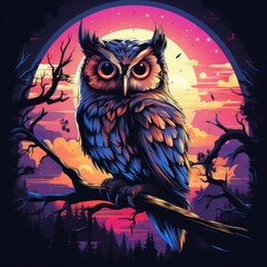 A neon owl with a retro twist, perched on a moonlit branch on a shirt that combines vintage charm with contemporary fashion
