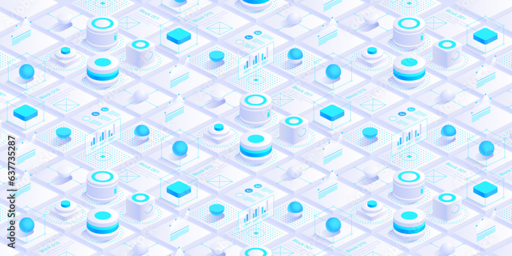 Poster Isometric digital blocks or cubes. Digital cyberspace and data network connections concept. Cloud network. IOT ai science. Future technology abstract background concept. Vector illustration