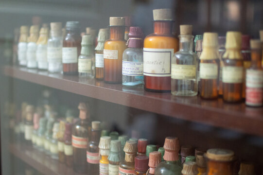 Traditional Bottles of Medicine in Pharmacy