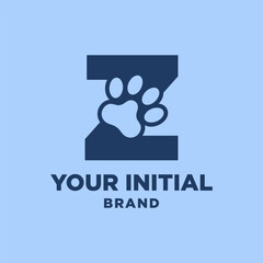 letter Z paw print dog foot silhouette in negative space initial vector logo design