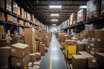 Busy Warehouse Filled With Neatly Stacked Packages, Generative AI