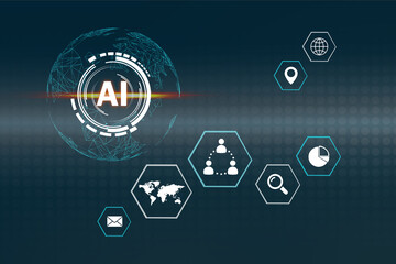 AI, artificial intelligence on command computer network data connection on network technology and big data global network connection