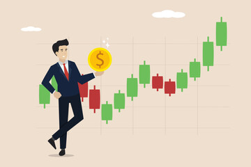 Stock market trader, analysis to buy or sell stocks for profit, investment, trend following concept, businessman trader holding dollar coin with chart.
