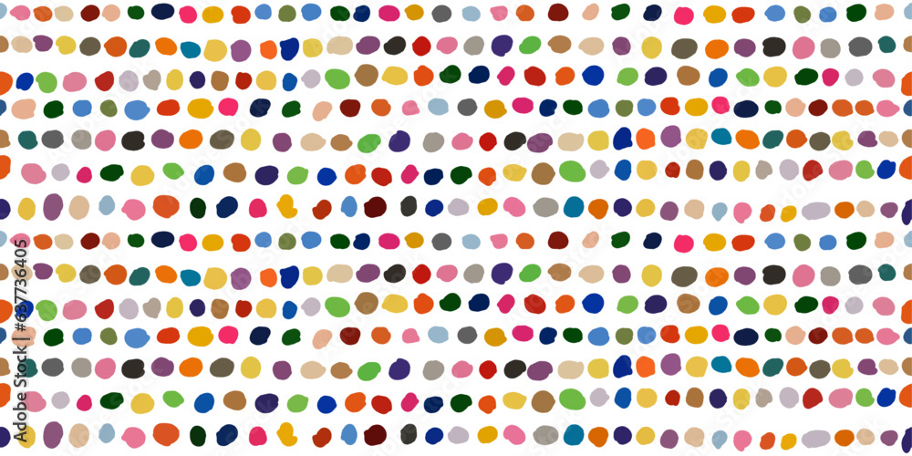 Poster Colored dots smeared with paint. Set of dots of blots lined up in rows, seamless pattern. For print, background, wallpaper, seamless surface.