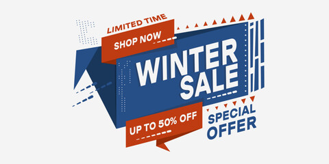 Winter sale poster. Sale time, retro poster in abstract drywall. Shop now. Limited time. Up to 50% off. Vector.