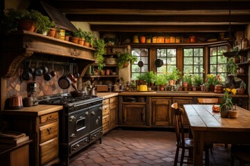 Fototapeta na wymiar Cozy Farmhouse Kitchen With Wooden Beams, Generative AI 