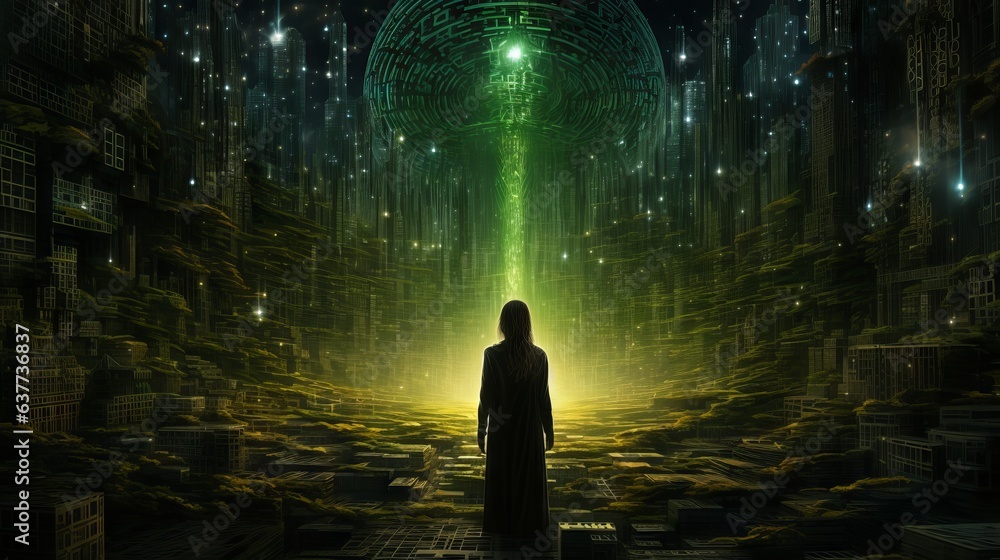 Poster enchanting matrix code portrait: mesmerizing green code cascade in digital dreamscape