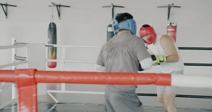 Strong young men fighting in boxing ring sparring together concentrated on combat in sports center. Active lifestyle and people concept.
