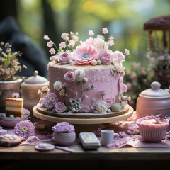 Obraz na płótnie Canvas wedding cake with flowers in the garden