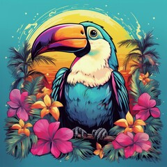 A neon toucan in a retro tropical pattern, bringing a splash of exotic style to a shirt that embodies retro beach vibes