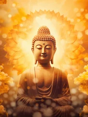 Poster glowing buddha statue and lotuses, generative AI © Kien