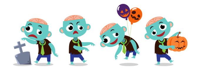 Set of cute Zombie . Halloween cartoon characters . Vector.