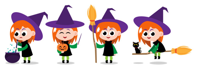 Set of cute Witch . Halloween cartoon characters . Vector.