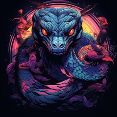 A retro neon snake, coiled in vibrant colors, bringing a touch of edgy style to a unique shirt design