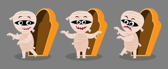 Set of cute Mummy and coffin . Halloween cartoon characters . Vector.