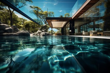 Modern Villas Sleek Pool With Glass Wall, Generative AI 