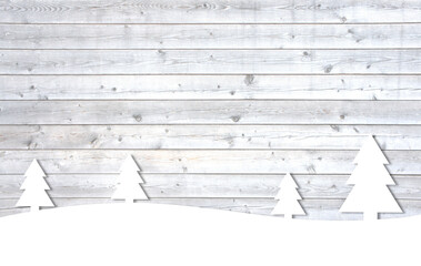 Graue Holzbretter und verschneite Winterlandschaft als Vorlage für Weihnachtskarte