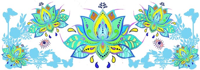 Fototapeta na wymiar Lotus flower, Ramadhan, Holiday, Yoga, tarot, tattoo template. Multicoloured horizontally banner. Oriental, parsley design. Wedding, birthday pattern.