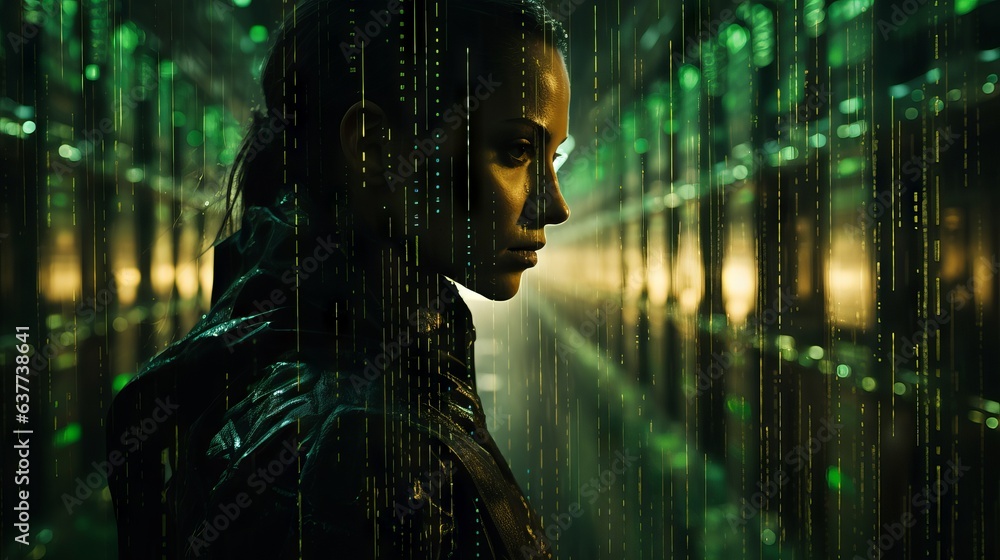 Poster enchanting matrix code portrait: mesmerizing green code cascade in digital dreamscape