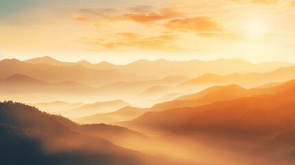 Sunlit mountain fog: blurred misty waves, warm colors, and bright sunlight. festive sky in orange hues with abstract evening flare on clouds