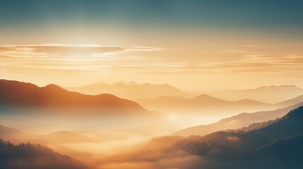 Obraz premium Sunlit mountain fog: blurred misty waves, warm colors, and bright sunlight. festive sky in orange hues with abstract evening flare on clouds