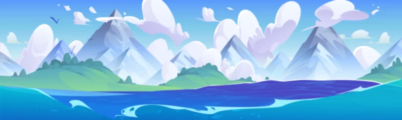 Fotobehang Purper Sea landscape with green valley mountain background, summer cartoon vector illustration. Wavy water surface, stone peaks under blue sky with white clouds and flying birds  © klyaksun