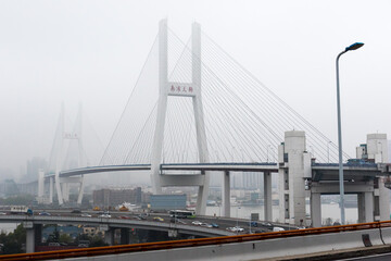 Iconic Nanpu Bridge Draped in Fog, Overlooking the Cityscape