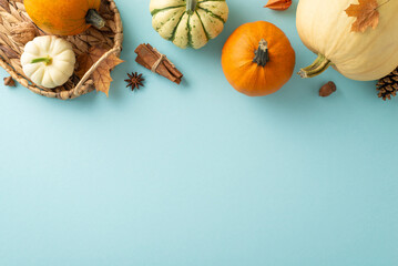 Fall celebration idea. Top view perspective: pumpkins, gourd, pattipans, leaves, anise, cinnamon sticks, physalis, pine cone, nut in wicker harvest basket on soft blue backdrop, space for text overlay
