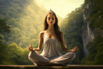Fototapeta na wymiar woman holding the pose meditating in yoga pose nature, generative AI
