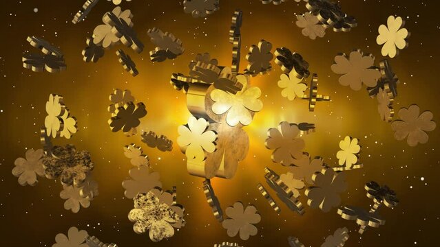 3D Animation of Golden colored clover symbol