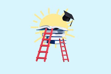 Back to school concept. Creative collage with books, academic cap and ladder on blue blackboard....