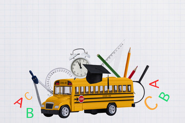 Back to school concept. Yellow school bus with variety of school supplies.