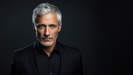 Israeli businessman in 50s, gray hair, black suit