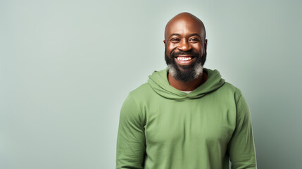 Obraz premium Cheerful Nigerian man in 40s, bald, green hoodie