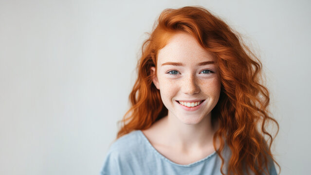 Irish teen girl, freckles, red hair, copy space