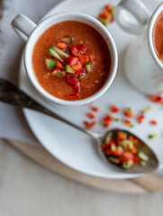 Vegetable soup for summer with cold and raw vegetables. Traditional gazpacho andalusia
