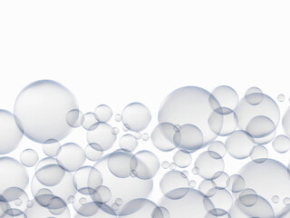 Plenty of bubbles float in the air. Big and small blue water droplets, white background. generative ai