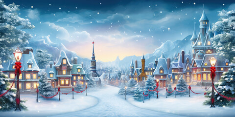 illustration of a peaceful town covered with snow, ready for christmas, copy space