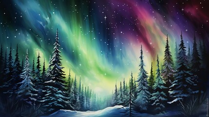 Watercolor beautiful landscape view of the northern lights in a forest showing multitudes of colors, sky with stars and clouds