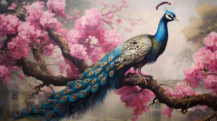 a painting of a peacock sitting on a tree branch with pink flowers in the background and a bird flying by.  Generative Ai